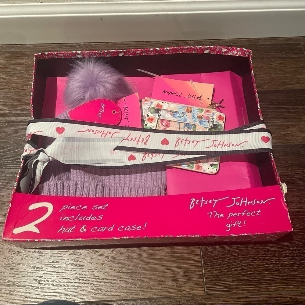 Betsey Johnson Lavender Pom Hat and Floral Wallet Gift Box